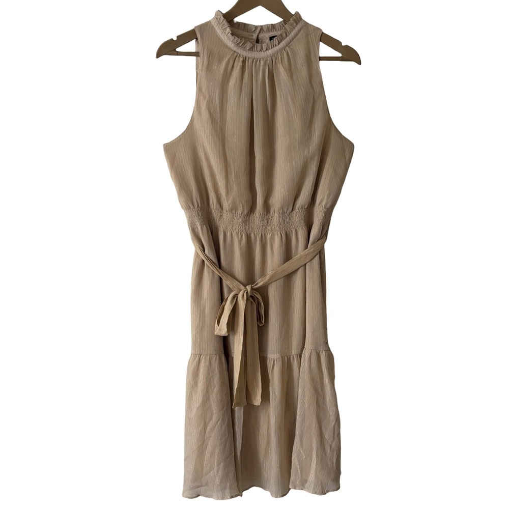 Ann Taylor Metallic Gold + Silver Detail Ruffled-Neck Midi Dress